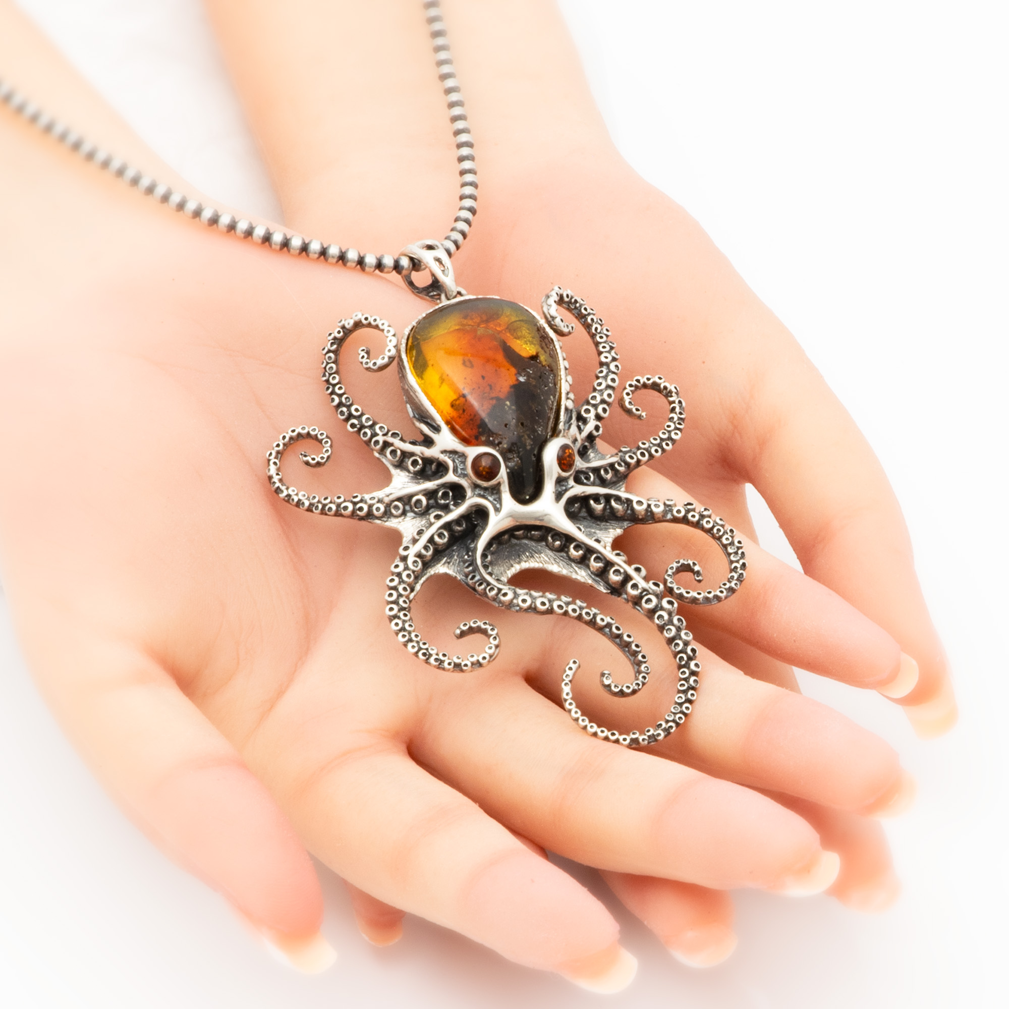 Sterling Silver Baltic Amber Octopus Pendant 2